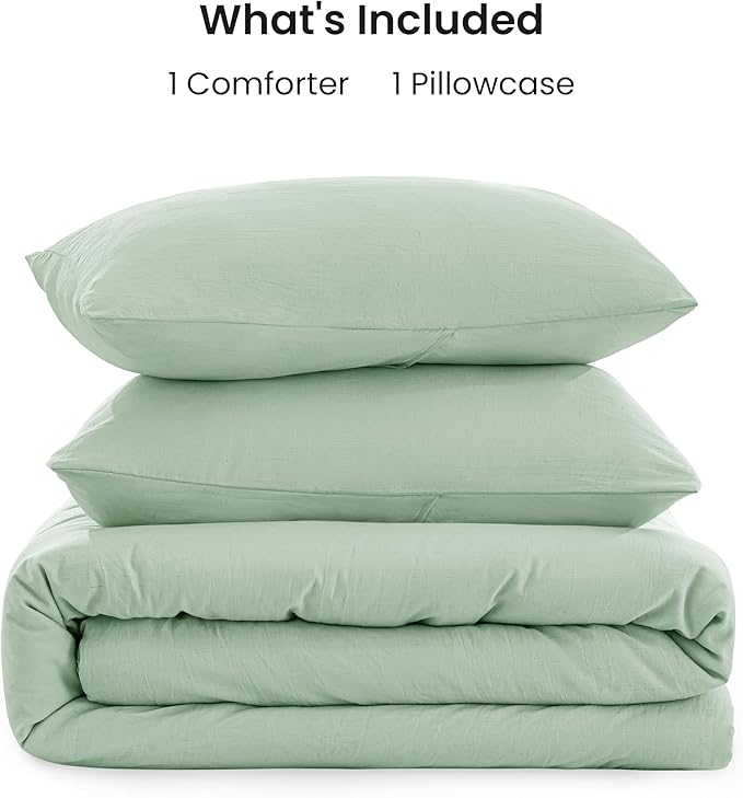 Love's cabin Twin/Twin XL Comforter Set Light Green, 2-Piece 90% Polyester 10% Linen Blend Bedding Set, Linen-Look Textured Stripe, Down Alternative All-Season Comforter with Pillow Sham | Soft, Breathable, Lightweight