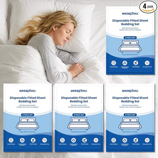 4 Pack Disposable Bed Sheets Fitted Sheet Queen Size, Disposable Travel Sheet for Hotel with Quilt Cover and Pillowcase,Disposable Sheets for Travel