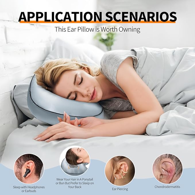 Ear Hole Piercing Pillow for Side Sleepers for CNH and Ear Pain Inflammation Pressure Sores, Cotton and Polyester Adjustable Filling Washable and Adjustable Ear Guard Pillow (Light Blue Silk)