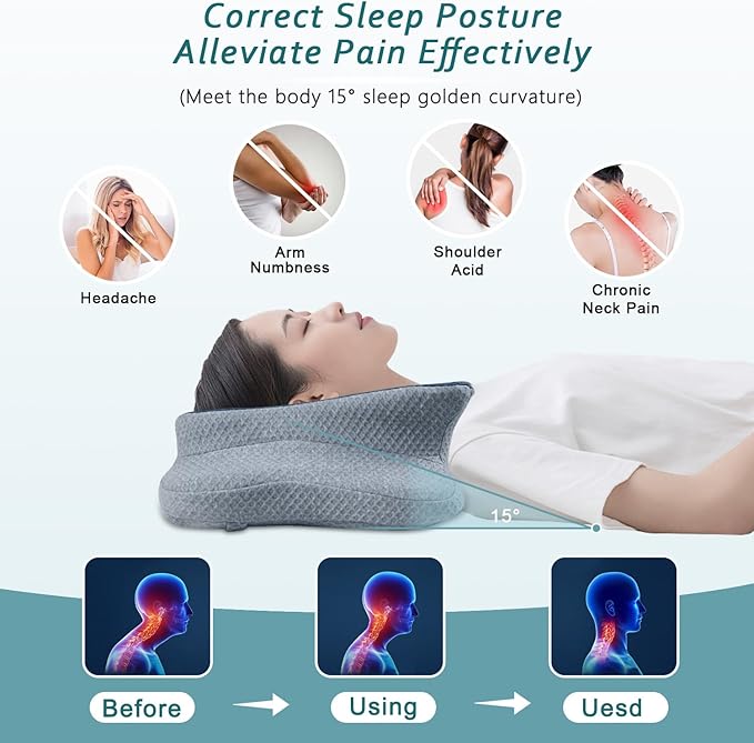 CHxxy Cervical Neck Pillow for Pain Relief Sleeping, Memory Foam Pillows, Ergonomic Side Sleeper Pillows, Cooling Orthopedic Neck Support Pillow for Back Stomach Sleepers-Queen Size Blue&Grey