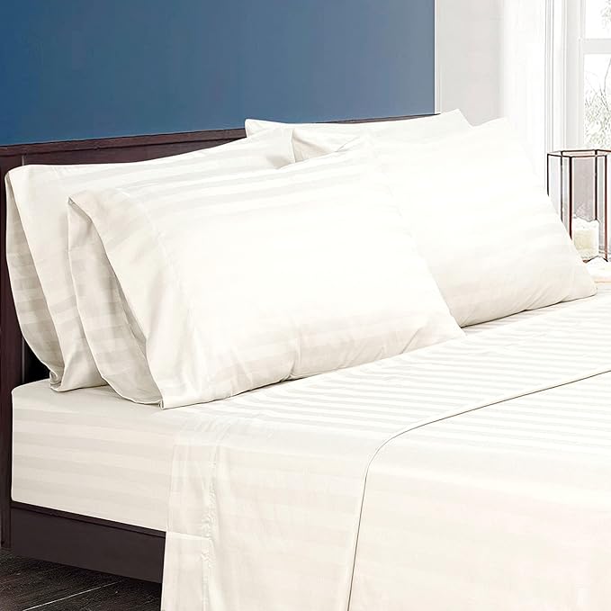 ROYALE LINENS 300 Thread Count Poly Cotton Sheet Set - 6 Piece California King Bed Sheets - 1 Fitted, 1 Flat, 4 Pillow Cases -Soft Cool & Crisp Sheet Set (Cal King, Bright White)