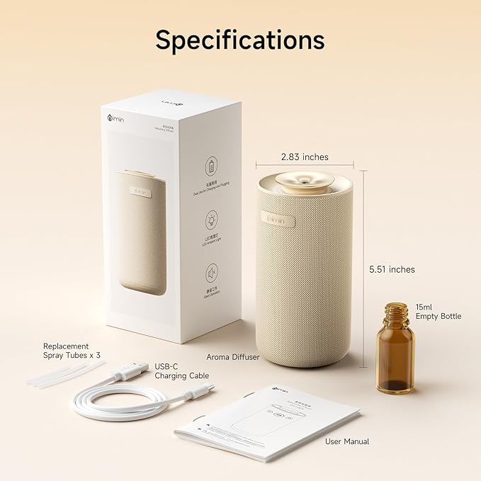 Car Diffusers for Essential Oils with Smart Auto Start-Stop, 2-in-1 Waterless Essential Oil Diffuser with Adjustable Mist Intensity, Cordless Portable Oil Diffuser for Home & Car Cupholder, White