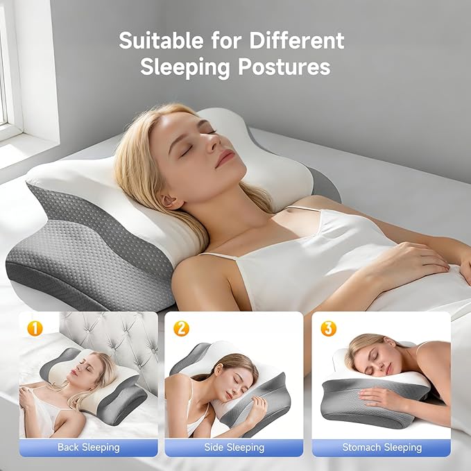 Cervical Neck Pillow for Neck and Shoulder, Ergonomic Contour Bed Pillow Side Sleeper Pillows for Adults, Neck Support Pillow for Back Stomach Sleepers 24.4 x 14.6 x 5.6 inches