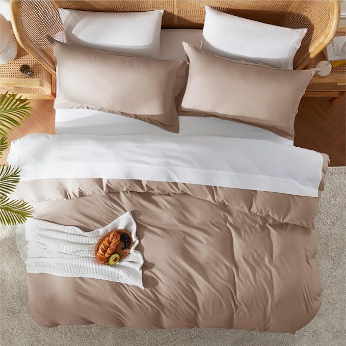 Nestl Full Duvet Cover Set with Comforter Insert - Khaki 4 Piece 80x90 Duvet Cover & 2 Pillow Shams with White Quilted Down Alternative Comforter, Ultra Soft, All Season