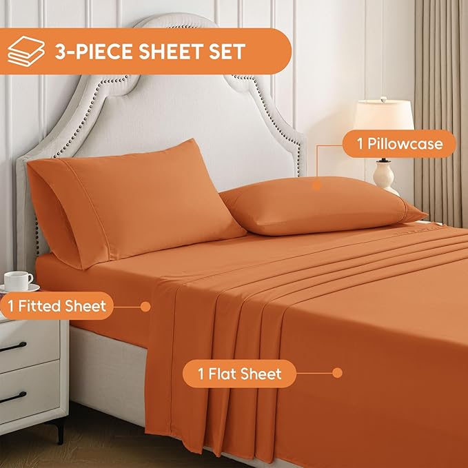 Twin XL Sheets Set, 3 Pieces Hotel Luxury Soft Microfiber Bed Sheets Set, Up to 16" Deep Pockets, Oeko-Tex Sheets with Elastic, Breathable, Wrinkle Free (Pumpkin Orange, Twin XL)