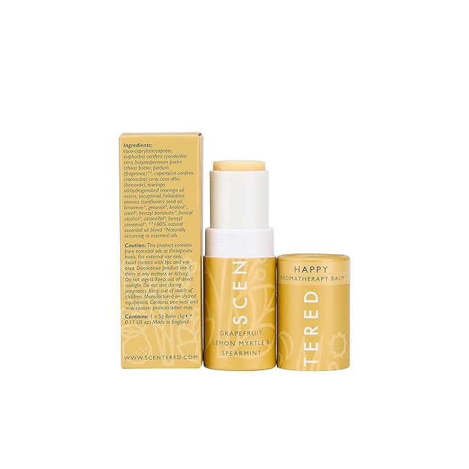 Scentered Aromatherapy Balm Stick - Happy - Mood Boost Roll On Essential Oils Blend for Positive Thinking - Grapefruit, Cedarwood, Lemon Myrtle Essential Oil - Positive Gifts for Women