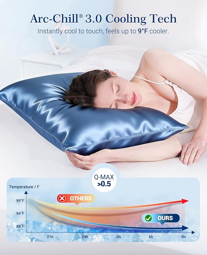 Elegear Cooling Pillow Cases Set of 2 for Hot Sleepers, Softer Than Silk Pillow Cases for Hair & Skin,Upgraded Arc-Chill Cooling Satin Pillowcases Q-max>0.5, Luxury Zipper Pillowcase Cover -Queen,Blue