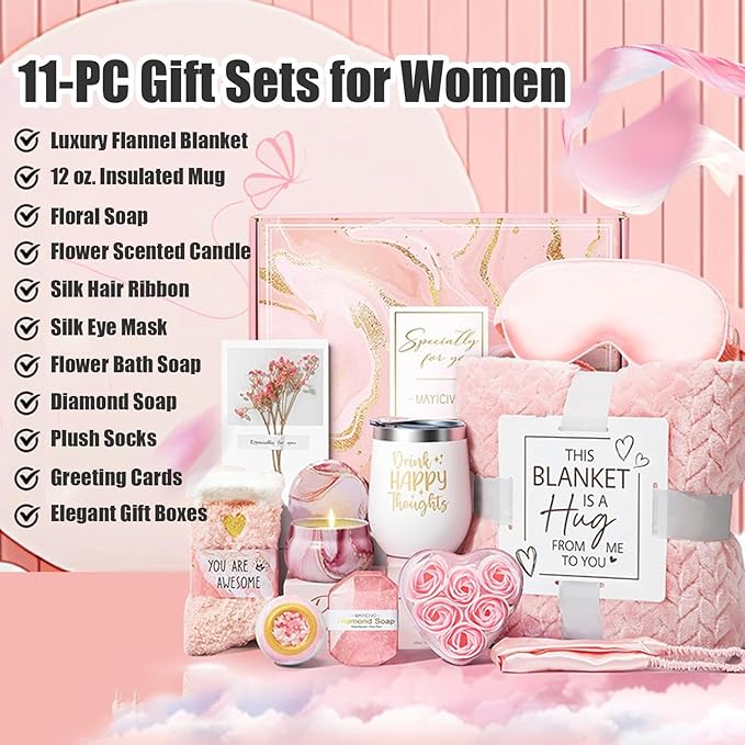 Self Care Kit For Women - Luxury Wellness Basket For Relaxation, Pampering And Stress Relief With Flannel Blanket, Aromatherapy, Skincare , Bath Accessories, Candles, And Spa Items