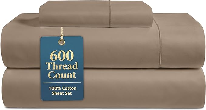LANE LINEN 100% Cotton Sheets Set - 600 Thread Count Premium Sateen Weave for Extra Gentle Feel On Skin - Cooling Sheets for a Deep Sleep - 15'' Deep Pocket for Snug Fit to Your Mattress - Taupe