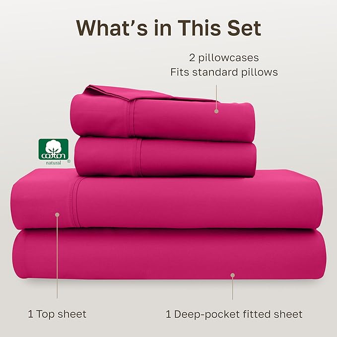 California Design Den Soft Full Size 100% Cotton Sheet Sets, 400 Thread Count Good Housekeeping Award Winner, Silky Sateen Weave with Deep Pockets, Long Staple Cotton Full Bed Sheet Set - Hot Pink