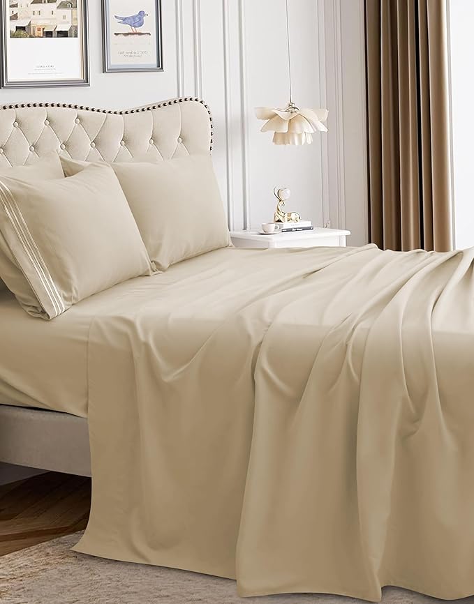 Mocassi Luxury Full 4-Piece Sheet Set - 1800 Premium Hotel Quality - Easy-Fit, Wrinkle, Fade Resistant Bed Sheets and Pillowcases - All Around Elastic Fitted Sheet, Deep Pocket, Cream