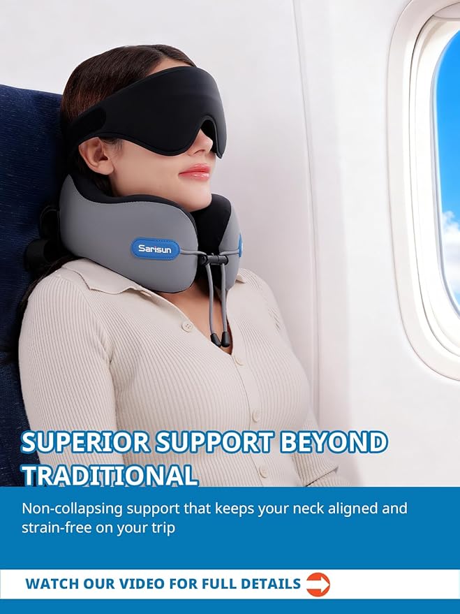 SARISUN Neck Pillow Airplane,Travel Pillow with Strap, Combo with 3D Eye Mask for Sleep, Dual-Density Supportive Foam Airplane Pillow for Long Flights, Car Road Trip Travel Essentials Grey