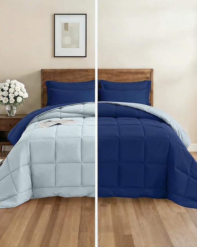 Full Comforter Set - 7 Piece Bed in a Bag Full Size Bed Set - Down Alternative Comforter, Flat Sheet, Fitted Sheet, Pillowcase & Shams for All Seasons - Soft, Comfy & Breathable - Navy Blue/Sky Blue