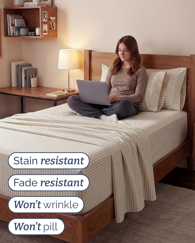 Extra Deep Twin XL Sheet Set - 4 Piece Breathable and Cooling Sheets - Hotel Luxury Bedding for Women, Men, Kids & Teens - Easy Secure Fit - Soft & Wrinkle Free - Extra Deep Pockets - Beige Stripes