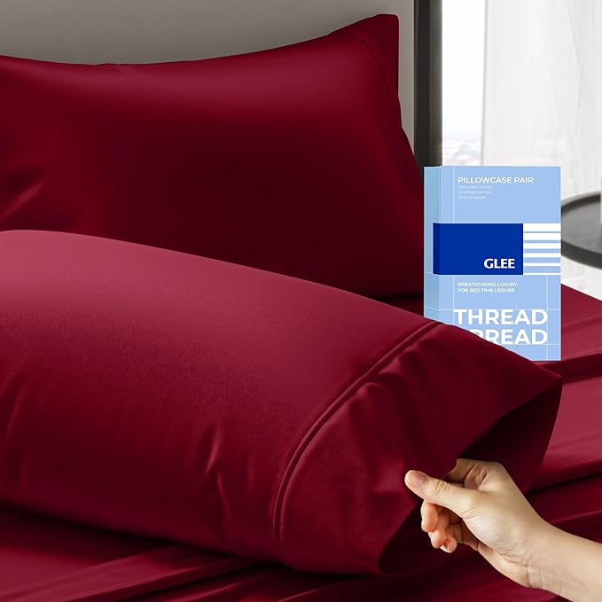 Thread Spread 100% Cotton King Size Pillow Cases Set of 2 - Luxury 400 Series Glee Collection Pillow Cases King Size (Burgundy), Soft Cooling Breathable & Durable Sateen Hotel Cotton Pillowcases
