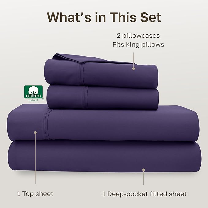 California Design Den Soft King Size Cotton Sheet Sets, 400 TC Good Housekeeping Award Winner, Silky Smooth Sateen Weave with Deep Pockets, Breathable and Durable King Bedding Set - Purple