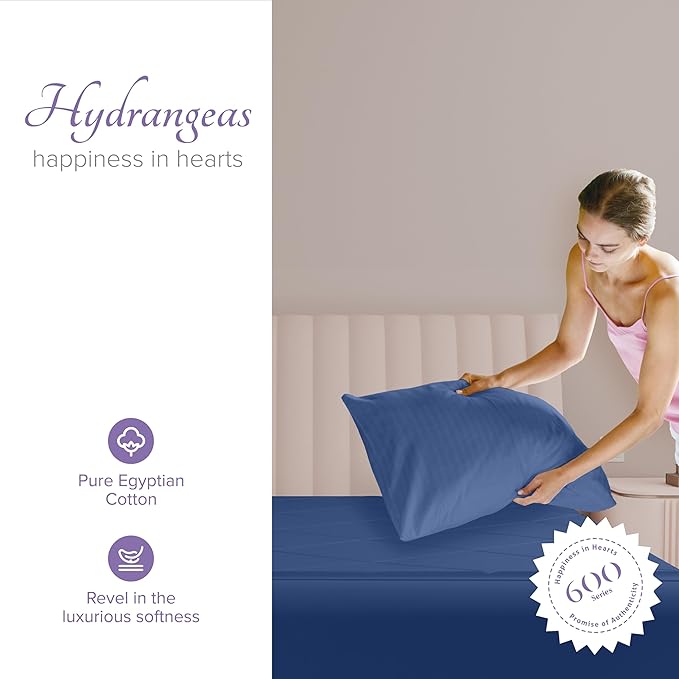 Carressa Linen 100% Egyptian Cotton Pillow Cases Queen Size Set of 2 - Luxury 600 Series Hydrangeas Collection Queen Size Pillowcases (Deep Blue), Cooling Sateen Weave Hotel Quality Bed Pillow Cover