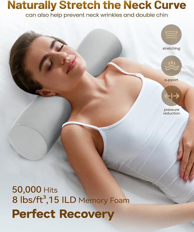 Memory Foam 4" Round Pillow, Cervical Neck Pillow for Pain Relief, Cylinder Cooling Pillows 18"×4", Neck Roll Pillow for Sleeping, Removable Cover, Cool Grey