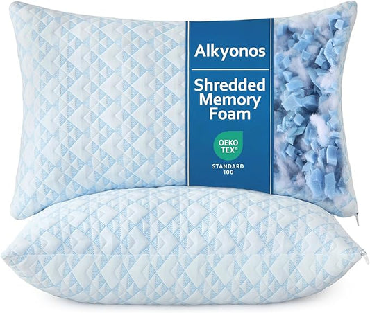 Alkyonos Shredded Memory Foam Pillows for Sleeping, Adjustable Firm Pillow for Side, Back and Stomach Sleepers, Very Soft ＆ Warm for Winter ＆ Spring, Queen Size Set of 2