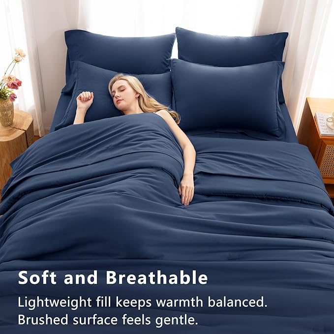 CozyLux Queen Comforter Set Navy Blue, 7 Pieces Bed in a Bag Queen Comforter Set with Sheets, Luxury Soft Bedding Sets with Down Alternative Comforter, Fitted Sheet, Flat Sheet, Pillowcases & Shams