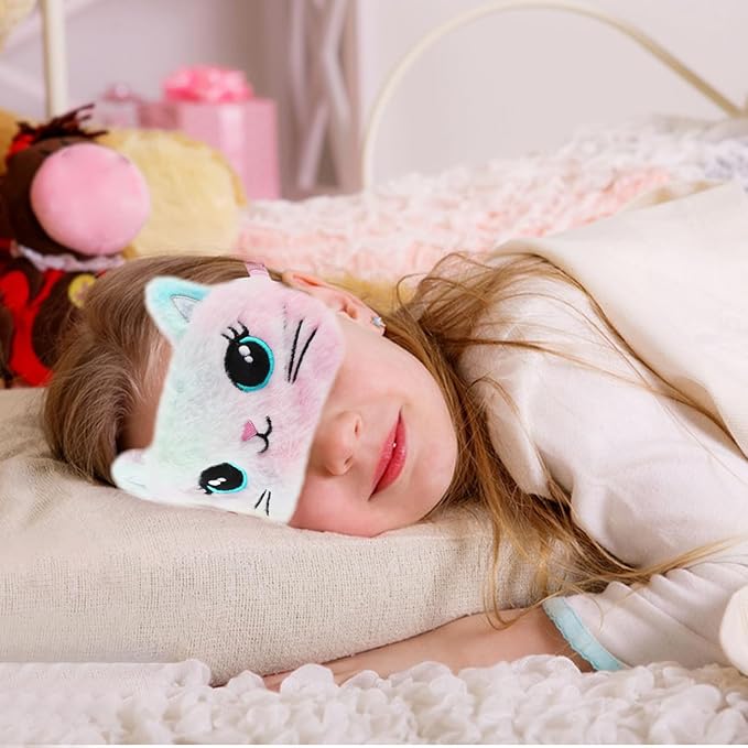 2 Pcs Plush Eye Mask Soft Sleeping Blindfold Eye Cover Comfortable Cute Animal Sleeping Mask Satin Nap Night Eyeshade Cover for Women Men Gift (Pink Muliticolor Cat Style)