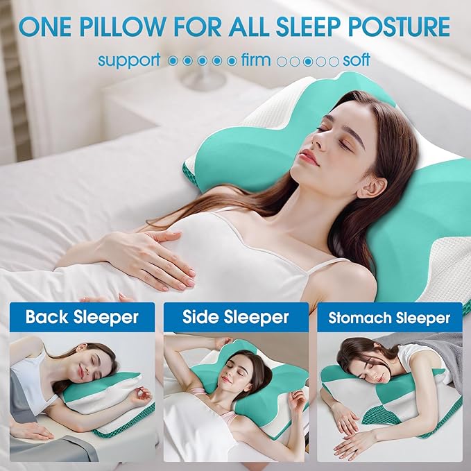 CloudBliss Cervical Memory Foam Pillow for Neck and Shoulder, Contour Neck Support Pillow with Cooling Case, Ergonomic Bed Pillow, Support for Side Back Stomach Sleepers (Green, Standard Size)