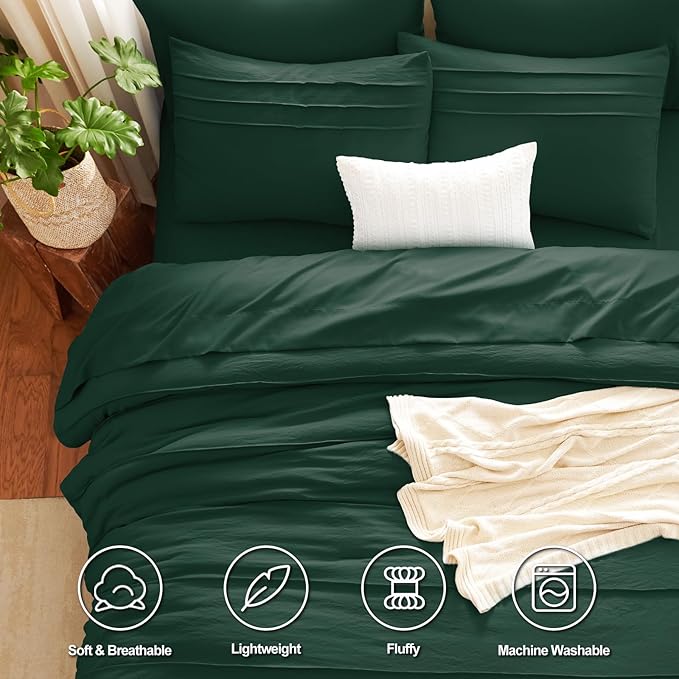 CozyLux Full Size Comforter Sets Emerald Green, 7 Pieces Soft Pinch Pleat Bed in a Bag Full Comforter Set with Sheets, Bed Set with Down Alternative Comforter, Sheets, Pillowcases & Shams