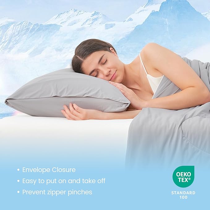 Cozy Bliss Cooling Pillow Cases for Hot Sleepers, Q-Max>0.45, King Size Set of 2, Soft & Silky Pillow Covers with Envelope Closure,Gift, Light Gray, 20x36 Inches