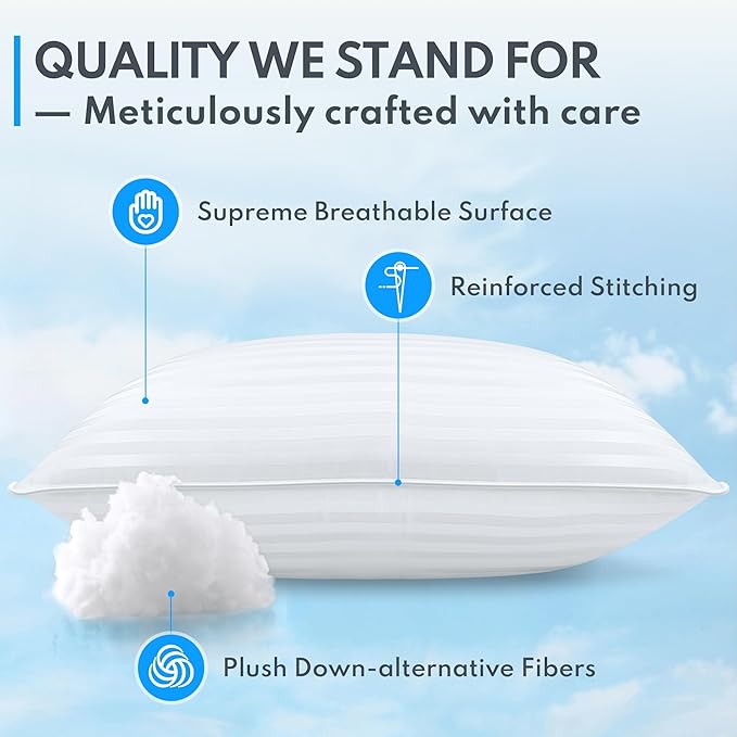 Queen Size Bed Pillows Set of 2 - Breathable Premium Down Alternative Sleeping Pillows for Side, Back, and Stomach Sleepers Fluffy Hotel Quality Soft Microfiber Fill Cooling Skin-Friendly