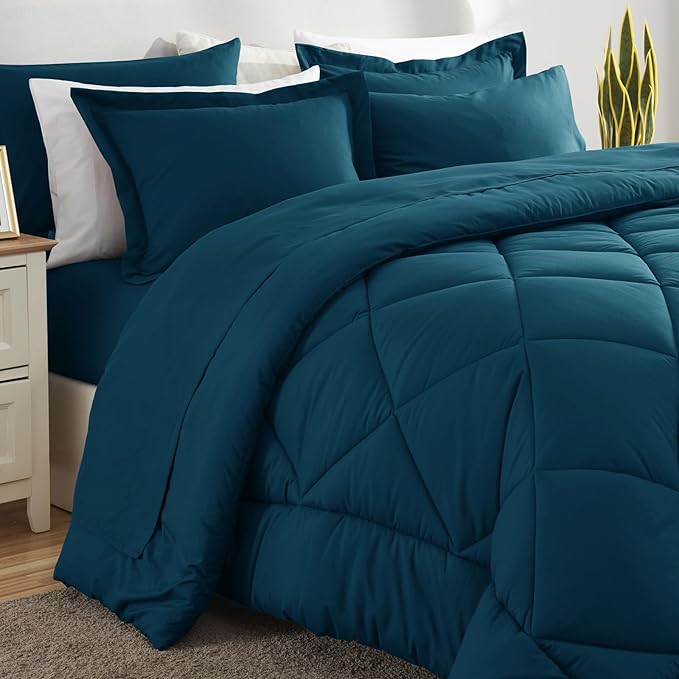 CozyLux King Size Comforter Set Lyons Blue - 7 Pieces Bed in a Bag King, Luxury Soft Bed Set for All Seasons, Bedding Set with Down Alternative Comforter, Sheets, Pillowcases & Shams