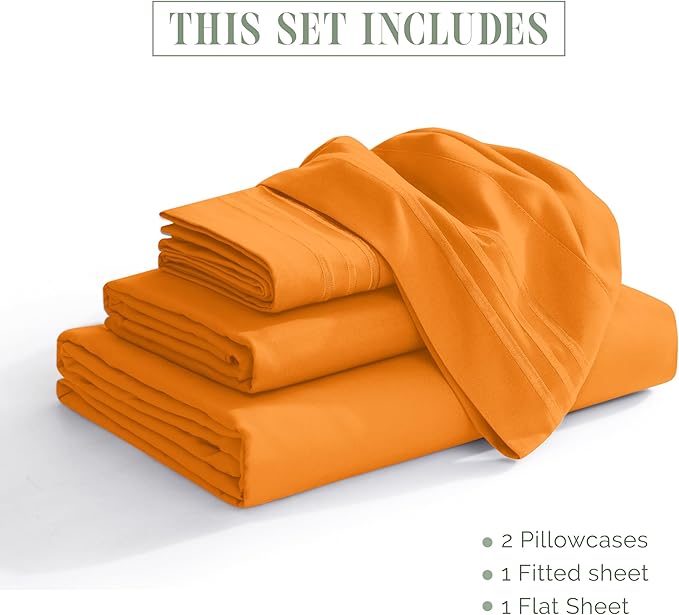 Elegant Comfort Luxurious 1500 Premium Hotel Quality Microfiber Three Line Embroidered Softest 4-Piece Bed Sheet Set, Wrinkle and Fade Resistant, King, Orange