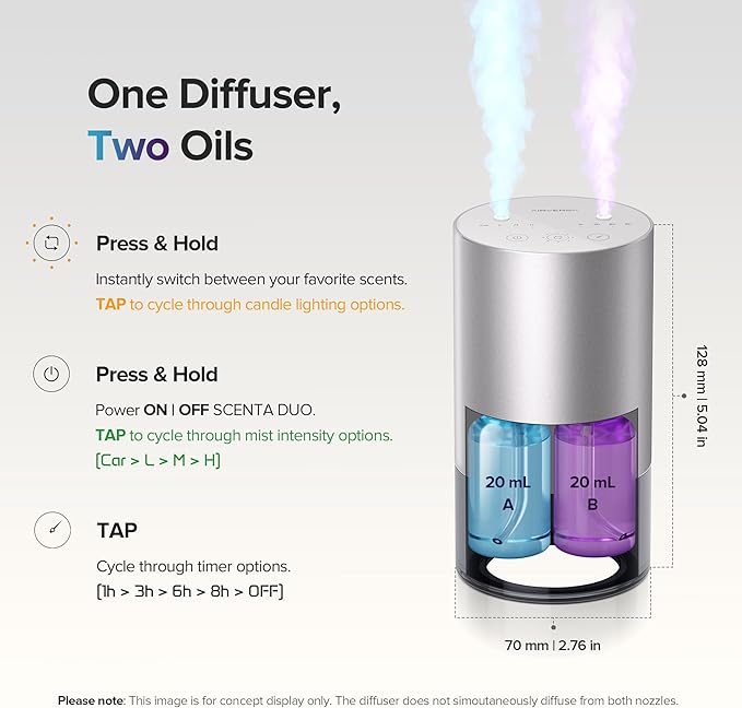 Airversa Dual-Nozzle Waterless Essential Oil Diffuser for Home Rechargeable Scent Diffusers with 5 Timer Settings, 4 Mist Levels with Vehicle Mode for Car Room Studio Office, Gold Metal