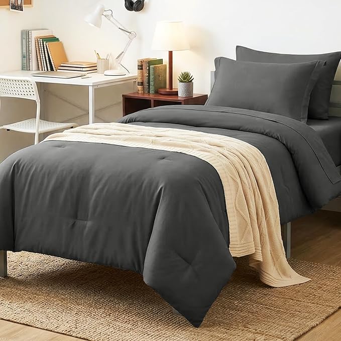 CozyLux Twin Comforter Set Dark Grey, 5 Pieces Bed in a Bag Twin Comforter Set with Sheets, Dark Gray Bed Sets with Down Alternative Comforter, Fitted Sheet, Flat Sheet, Pillow Sham and Pillowcase