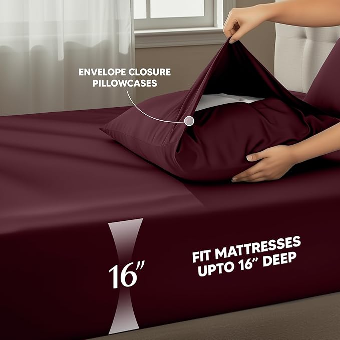 Utopia Bedding Queen Size Sheet Set – 4 Piece Bed Sheets, Soft and Breathable Microfiber, Includes 1 Fitted Sheet, 1 Flat Sheet and 2 Pillowcases – Oeko Tex (Burgundy)