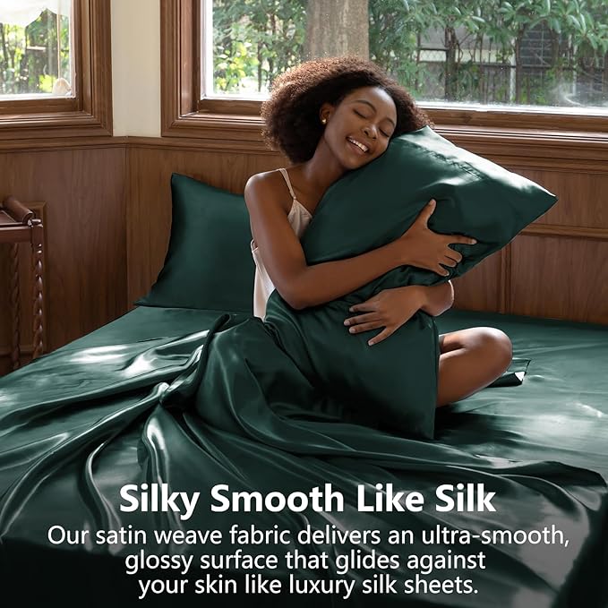 CozyLux Satin Sheets Full Size Sheets - 4 Piece Silky Full Size Bed Sheets, Luxury Deep Teal Full Bed Set with Smooth and Soft Microfiber, Includes 1 Fitted Sheet, 1 Flat Sheet and 2 Pillowcases