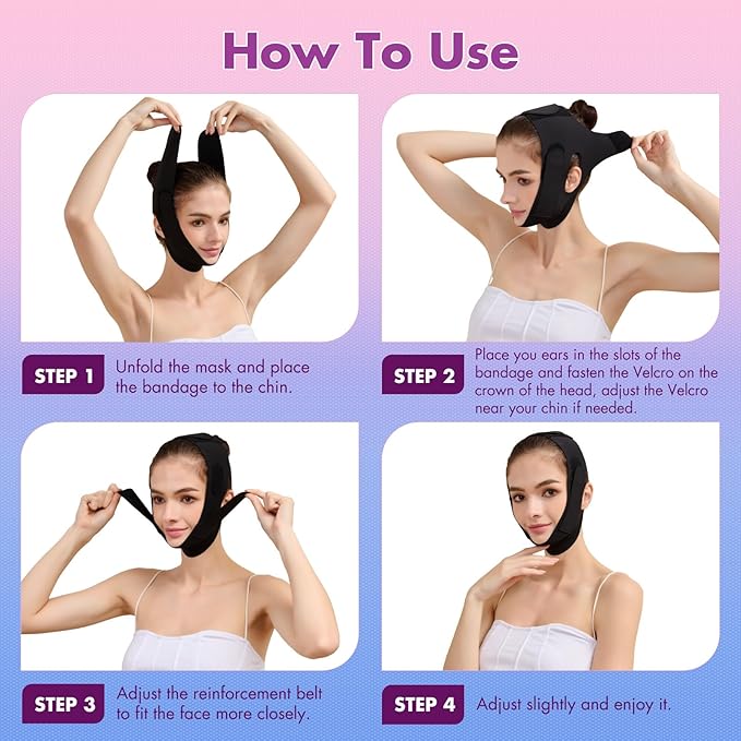 2 Pack Face Slimming Strap, Double Chin Reducer Band, Graphene V-Line Mask Chin Up Mask V Shaped Face Mask Chin strap for sleeping, V-Line Lifting Mask for Women, Medium, Black and Black