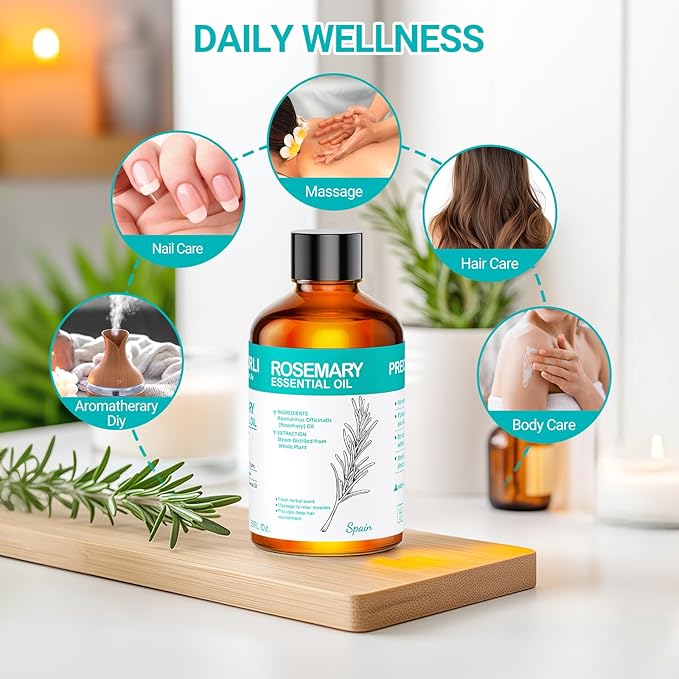 Rosemary Essential Oil with Glass Dropper 3.38 fl oz, 100% Natural Oil for Hair Care, Scalp Massage, Diffuser, Aromatherapy, Soap and Candle Making, Self Care Use