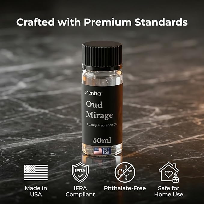 Scentia Oud Mirage Luxury Oud Fragrance Oil for Diffusers – Spicy Woody Home Scent with Cardamom, Sandalwood, Patchouli & Tonka – Aromatherapy Oil for Cold Air, HVAC – 50 ml (1.69 fl oz)