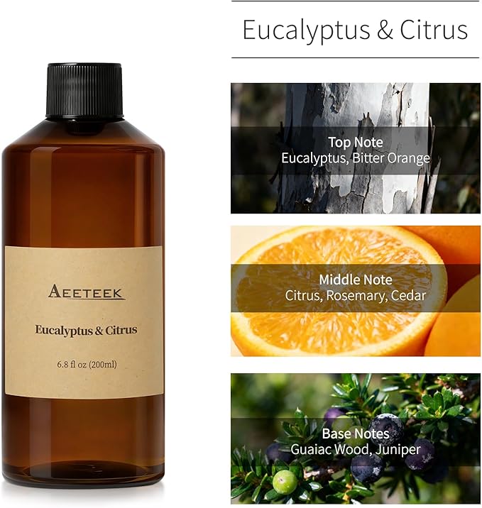 Reed Diffuser, Eucalyptus & Citrus Scented Oil Refill with Diffuser Sticks, 6.8 Fl Oz (200ml) Essential Oil Diffuser for Bathroom, Elegant Fragrance for Room Decor