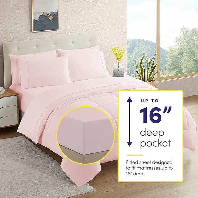 RV Short Queen Comforter Set for RV Camper - Comforter Set with Fitted & Flat Sheet, 4 Pillowcases - Tailored for RV Short Queen Beds - Cozy Essentials for Your RV Bedroom, Pale Pink