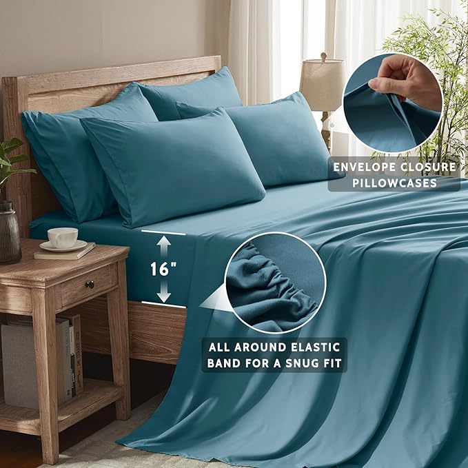 Queen Sheet Set - 6 Piece Sheets Queen Size Bed Set - Breathable & Cooling Hotel Luxury Bedding Set - Soft & Comfy Fully Elasticized 16" Deep Pocket Queen Sheets (Queen Denim Blue)