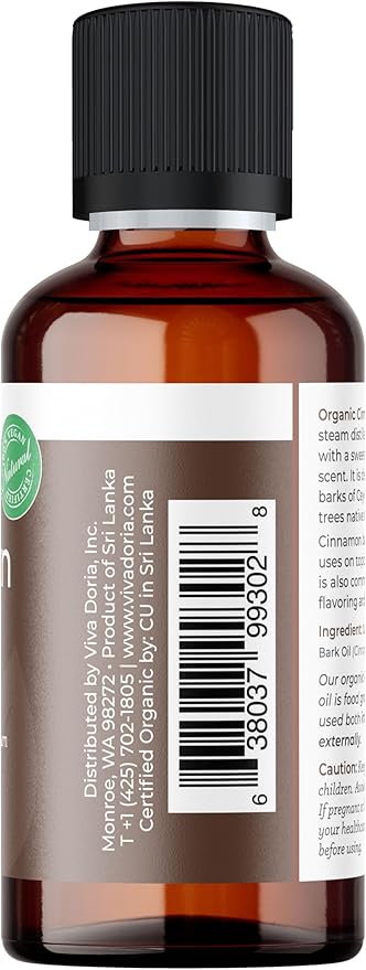 Viva Doria Cinnamon Bark Essential Oil, USDA Certified Organic Cinnamon Oil, 100% Pure, Natural Essential Oil, Undiluted, for Aromatherapy | Food Grade, 30 mL (1 Fluid Ounce)