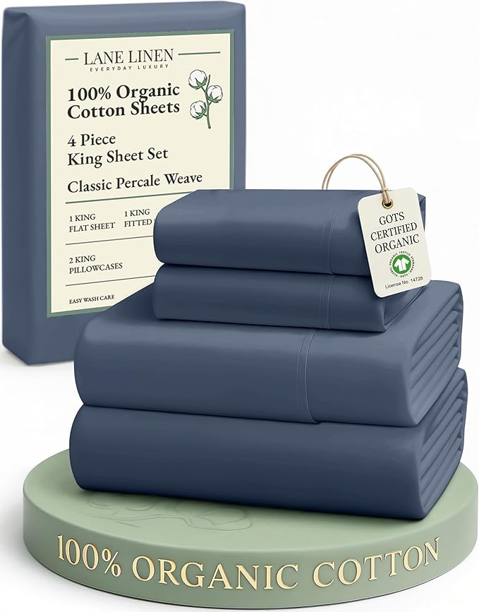 LANE LINEN 100% Organic Cotton Sheets for King Size Bed - Soft Percale Sheets, Breathable Luxury Hotel Style Machine Washable Fully Elasticized Mercerized 15" Deep Pocket King Sheet Set- Estate Blue