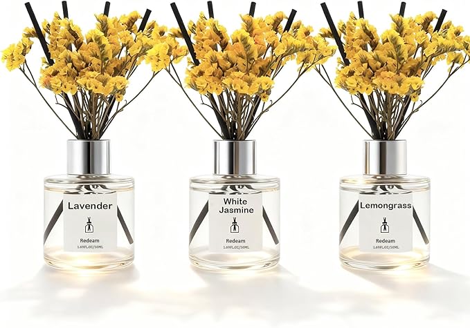 Reed Diffuser Set of 3 Pack, Lavender White Jasmine Lemongrass Scented Oil Diffuser with 5 Sticks, Reed Diffuser for Home, Bathroom, Bathroom Air Freshener 1.7 FL.oz Each