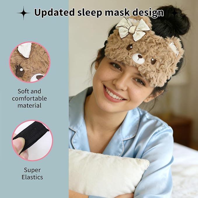 PERFECTSIGHT Sleep Eye Masks, Cute Plush Sleep Eye Cover Lightweight Adjustable Eyeshade Faux Fur Mask Cover for Women Men Sleep Travel Nap, Coffee Lace Bear
