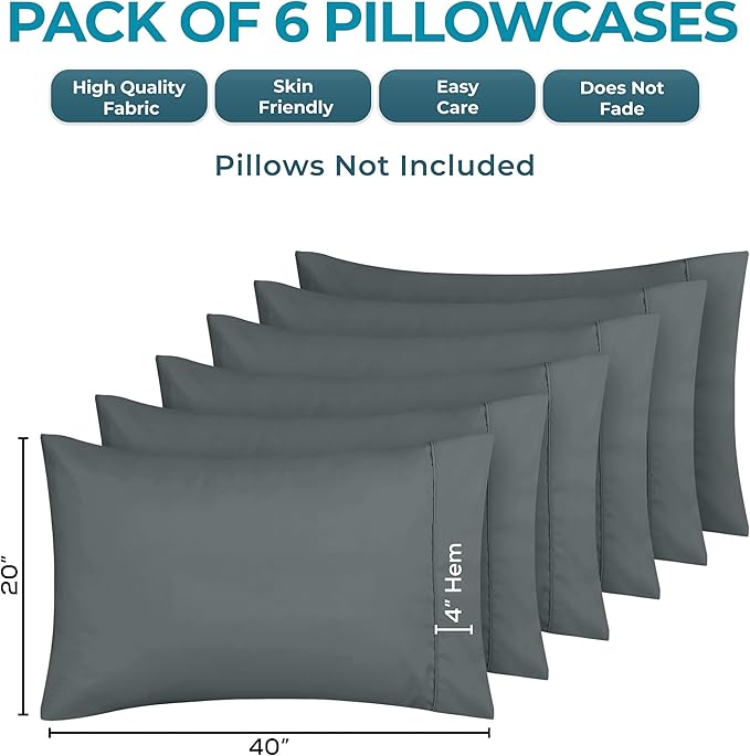 Utopia Bedding King Pillow Cases - 6 Pack - Envelope Closure - Soft Brushed Microfiber Fabric - Shrinkage and Fade Resistant Pillow Covers King Size 20 X 40 Inches (King, Grey)