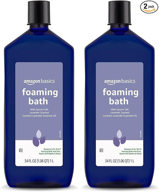 Amazon Basics Lavender Scented Foaming Bath with Essential Oil and Epsom Salt, Soothing, 34 Fluid Ounce (Pack of 2)