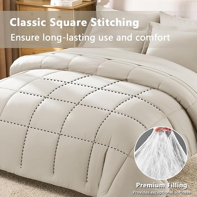 CozyLux King Size Comforter Set Beige - 7 Pieces Bed in a Bag King, Okeo-Tex Certifited Bedding Set, All Season Soft Bed Set with Down Alternative Comforter, Sheets, Pillowcases & Pillow Shams