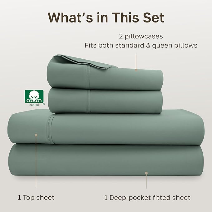California Design Den Soft 100% Cotton Bed Sheets Queen Size Set, 400 Thread Count Good Housekeeping Award Winner, Silky Sateen with Deep Pockets, Long Staple Cotton Queen Bed Sheet Set - Sage Green