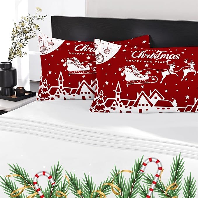 YIYEA Christmas Pillow Cases Standard Size Set of 4, Ultra Soft Double Brushed Microfiber Red Pillowcases and Christmas Pillow Covers, Envelope Closure, Fade Resistant (20"x26")